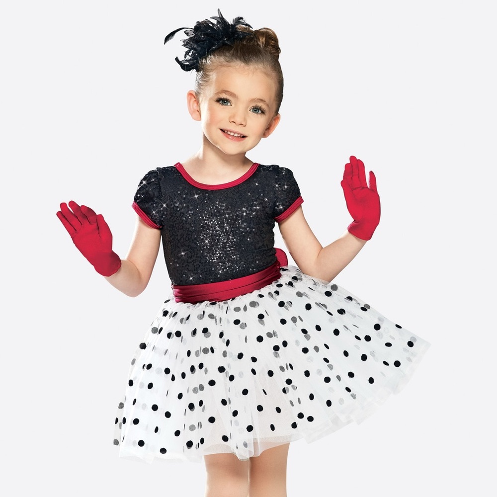 Kids Black & White Polka Dot Sequin Costume, Pink Accents, Briefs Attached, M
